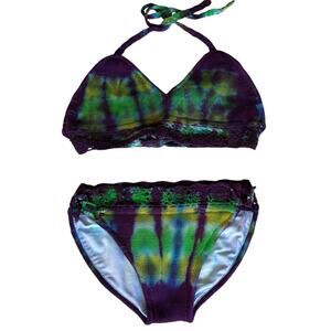 Womens Swimsuit Size M/L Purple Green Tie Dye Bikini Halter Swim Beach Brand New